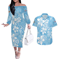 Fiji Tapa Pattern Couples Matching Off The Shoulder Long Sleeve Dress and Hawaiian Shirt Plumeria Floral LT01 Blue - Polynesian Pride
