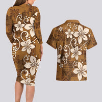 Plumeria Floral Tapa Pattern Vintage Gold Couples Matching Long Sleeve Bodycon Dress and Hawaiian Shirt LT01 - Polynesian Pride