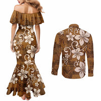 Plumeria Floral Tapa Pattern Vintage Gold Couples Matching Mermaid Dress and Long Sleeve Button Shirt LT01 - Polynesian Pride