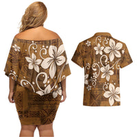Plumeria Floral Tapa Pattern Vintage Gold Couples Matching Off Shoulder Short Dress and Hawaiian Shirt LT01 - Polynesian Pride