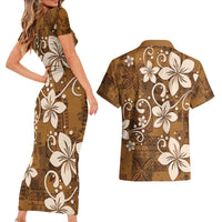 Plumeria Floral Tapa Pattern Vintage Gold Couples Matching Short Sleeve Bodycon Dress and Hawaiian Shirt LT01 - Polynesian Pride