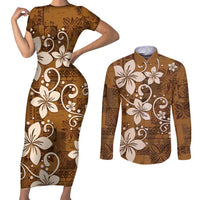 Plumeria Floral Tapa Pattern Vintage Gold Couples Matching Short Sleeve Bodycon Dress and Long Sleeve Button Shirt LT01 Gold - Polynesian Pride