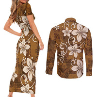 Plumeria Floral Tapa Pattern Vintage Gold Couples Matching Short Sleeve Bodycon Dress and Long Sleeve Button Shirt LT01 - Polynesian Pride