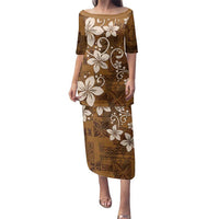 Plumeria Floral Tapa Pattern Vintage Gold Family Matching Puletasi and Hawaiian Shirt LT01 Mom's Dress Gold - Polynesian Pride