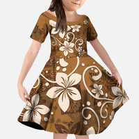 Plumeria Floral Tapa Pattern Vintage Gold Family Matching Short Sleeve Bodycon Dress and Hawaiian Shirt LT01 Daughter's Dress Gold - Polynesian Pride