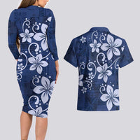 Plumeria Floral Tapa Pattern Navy Blue Couples Matching Long Sleeve Bodycon Dress and Hawaiian Shirt LT01 - Polynesian Pride