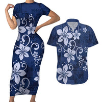 Plumeria Floral Tapa Pattern Navy Blue Couples Matching Short Sleeve Bodycon Dress and Hawaiian Shirt LT01 Blue - Polynesian Pride
