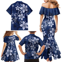 Plumeria Floral Tapa Pattern Navy Blue Family Matching Mermaid Dress and Hawaiian Shirt LT01 - Polynesian Pride