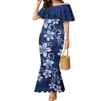 Plumeria Floral Tapa Pattern Navy Blue Family Matching Mermaid Dress and Hawaiian Shirt LT01 Mom's Dress Blue - Polynesian Pride