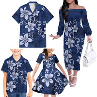Plumeria Floral Tapa Pattern Navy Blue Family Matching Off The Shoulder Long Sleeve Dress and Hawaiian Shirt LT01 - Polynesian Pride