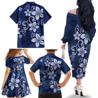 Plumeria Floral Tapa Pattern Navy Blue Family Matching Off The Shoulder Long Sleeve Dress and Hawaiian Shirt LT01 - Polynesian Pride