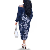 Plumeria Floral Tapa Pattern Navy Blue Family Matching Off The Shoulder Long Sleeve Dress and Hawaiian Shirt LT01 - Polynesian Pride
