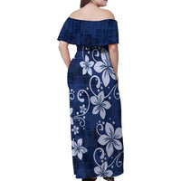 Plumeria Floral Tapa Pattern Navy Blue Family Matching Off Shoulder Maxi Dress and Hawaiian Shirt LT01 - Polynesian Pride