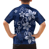 Plumeria Floral Tapa Pattern Navy Blue Family Matching Off Shoulder Short Dress and Hawaiian Shirt LT01 - Polynesian Pride