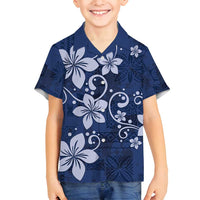 Plumeria Floral Tapa Pattern Navy Blue Family Matching Summer Maxi Dress and Hawaiian Shirt LT01 Son's Shirt Blue - Polynesian Pride