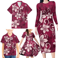 Plumeria Floral Tapa Pattern Ruby Pink Family Matching Long Sleeve Bodycon Dress and Hawaiian Shirt LT01 - Polynesian Pride