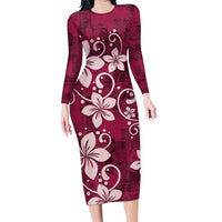 Plumeria Floral Tapa Pattern Ruby Pink Family Matching Long Sleeve Bodycon Dress and Hawaiian Shirt LT01 Mom's Dress Pink - Polynesian Pride