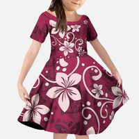 Plumeria Floral Tapa Pattern Ruby Pink Family Matching Off The Shoulder Long Sleeve Dress and Hawaiian Shirt LT01 Daughter's Dress Pink - Polynesian Pride