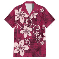 Plumeria Floral Tapa Pattern Ruby Pink Family Matching Off The Shoulder Long Sleeve Dress and Hawaiian Shirt LT01 Dad's Shirt - Short Sleeve Pink - Polynesian Pride