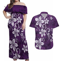 Plumeria Floral Tapa Pattern Amethyst Purple Couples Matching Off Shoulder Maxi Dress and Hawaiian Shirt LT01 Purple - Polynesian Pride