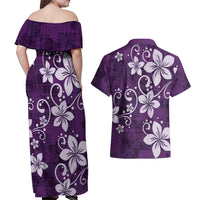 Plumeria Floral Tapa Pattern Amethyst Purple Couples Matching Off Shoulder Maxi Dress and Hawaiian Shirt LT01 - Polynesian Pride