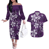 Plumeria Floral Tapa Pattern Amethyst Purple Couples Matching Off The Shoulder Long Sleeve Dress and Hawaiian Shirt LT01 Purple - Polynesian Pride