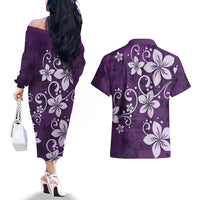 Plumeria Floral Tapa Pattern Amethyst Purple Couples Matching Off The Shoulder Long Sleeve Dress and Hawaiian Shirt LT01 - Polynesian Pride