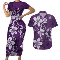 Plumeria Floral Tapa Pattern Amethyst Purple Couples Matching Short Sleeve Bodycon Dress and Hawaiian Shirt LT01 Purple - Polynesian Pride