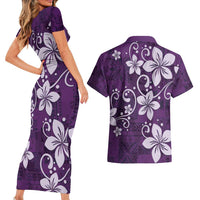 Plumeria Floral Tapa Pattern Amethyst Purple Couples Matching Short Sleeve Bodycon Dress and Hawaiian Shirt LT01 - Polynesian Pride