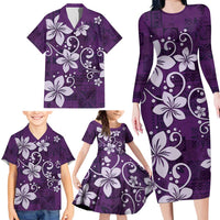 Plumeria Floral Tapa Pattern Amethyst Purple Family Matching Long Sleeve Bodycon Dress and Hawaiian Shirt LT01 - Polynesian Pride