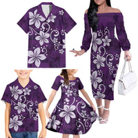 Plumeria Floral Tapa Pattern Amethyst Purple Family Matching Off The Shoulder Long Sleeve Dress and Hawaiian Shirt LT01 - Polynesian Pride