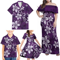 Plumeria Floral Tapa Pattern Amethyst Purple Family Matching Off Shoulder Maxi Dress and Hawaiian Shirt LT01 - Polynesian Pride