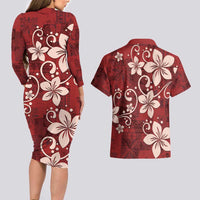 Plumeria Floral Tapa Pattern Oxblood Red Couples Matching Long Sleeve Bodycon Dress and Hawaiian Shirt LT01 - Polynesian Pride