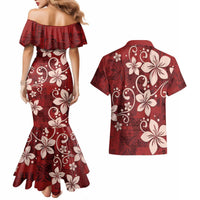 Plumeria Floral Tapa Pattern Oxblood Red Couples Matching Mermaid Dress and Hawaiian Shirt LT01 - Polynesian Pride