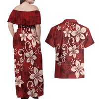 Plumeria Floral Tapa Pattern Oxblood Red Couples Matching Off Shoulder Maxi Dress and Hawaiian Shirt LT01 - Polynesian Pride