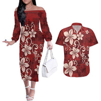 Plumeria Floral Tapa Pattern Oxblood Red Couples Matching Off The Shoulder Long Sleeve Dress and Hawaiian Shirt LT01 Red - Polynesian Pride