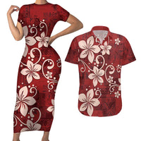 Plumeria Floral Tapa Pattern Oxblood Red Couples Matching Short Sleeve Bodycon Dress and Hawaiian Shirt LT01 Red - Polynesian Pride