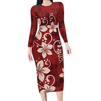 Plumeria Floral Tapa Pattern Oxblood Red Family Matching Long Sleeve Bodycon Dress and Hawaiian Shirt LT01 Mom's Dress Red - Polynesian Pride