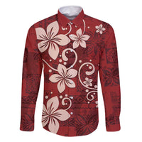 Plumeria Floral Tapa Pattern Oxblood Red Family Matching Tank Maxi Dress and Hawaiian Shirt LT01 Dad's Shirt - Long Sleeve Red - Polynesian Pride