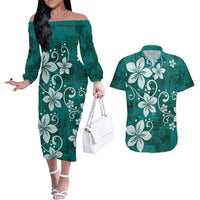 Plumeria Floral Tapa Pattern Crystal Teal Couples Matching Off The Shoulder Long Sleeve Dress and Hawaiian Shirt LT01 Teal - Polynesian Pride