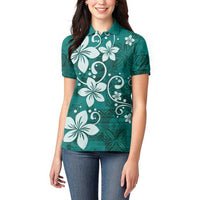 Plumeria Floral Tapa Pattern Crystal Teal Women Polo Shirt