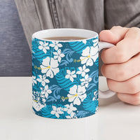 Blue Hawaiian Hibiscus Monstera Ceramic Mug Grunge Stylized