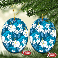 Blue Hawaiian Hibiscus Monstera Ceramic Ornament Grunge Stylized LT01 Oval Blue - Polynesian Pride