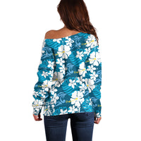 Blue Hawaiian Hibiscus Monstera Off Shoulder Sweater Grunge Stylized