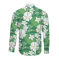 Green Hawaiian Hibiscus Monstera Long Sleeve Button Shirt Grunge Stylized