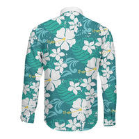 Teal Hawaiian Hibiscus Monstera Long Sleeve Button Shirt Grunge Stylized
