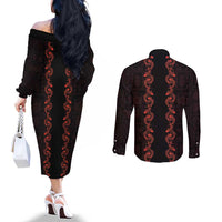Hawaii Japan Koi Fish Red Couples Matching Off The Shoulder Long Sleeve Dress and Long Sleeve Button Shirt Tapa Pattern - Polynesian Pride