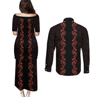 Hawaii Japan Koi Fish Red Couples Matching Puletasi and Long Sleeve Button Shirt Tapa Pattern - Polynesian Pride