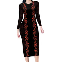 Hawaii Japan Koi Fish Red Family Matching Long Sleeve Bodycon Dress and Hawaiian Shirt Tapa Pattern LT01 Mom's Dress Red - Polynesian Pride