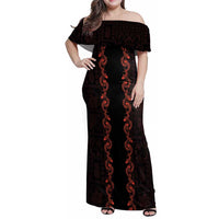 Hawaii Japan Koi Fish Red Family Matching Off Shoulder Maxi Dress and Hawaiian Shirt Tapa Pattern LT01 Mom's Dress Red - Polynesian Pride